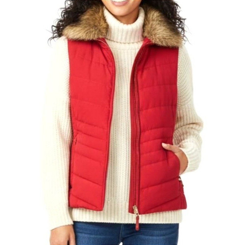Talbots Womens Small Red Quilted Down Puffer Vest‎ Faux Fur Collar